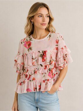 Max Sport Floral Chiffon Top Pink Ruffle Short Sleeve Boho Cottagecore Size XS